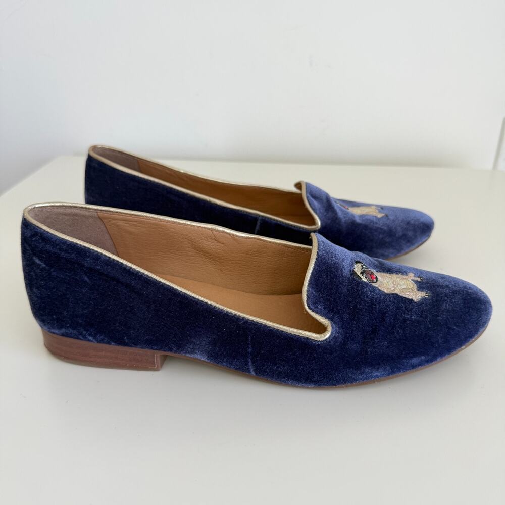 Jack Rogers Loafers Womens 9 Blue Velvet Pug Dog Embroidered Smoking Shoes Flats - Picture 5 of 11